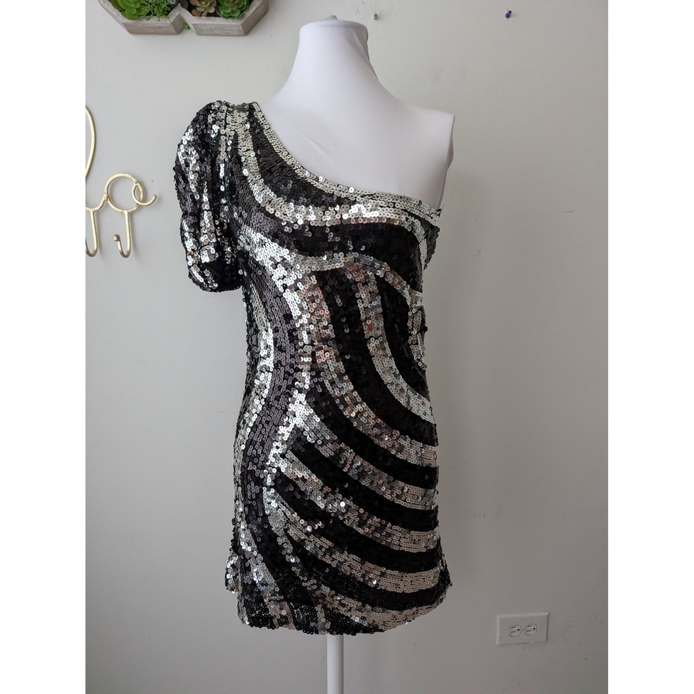 Nwt Bacci Y2KMini Dress One Shoulder Sequin Black Silver Swirl